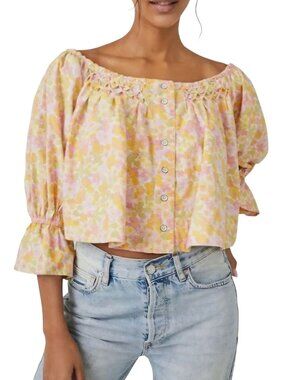 Free People James Smocked Off The Shoulder Cropped Blouse Floral Size XS